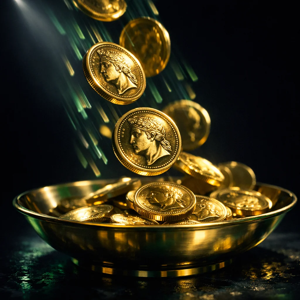 Gouden munten die neerstromen met groene gloed
